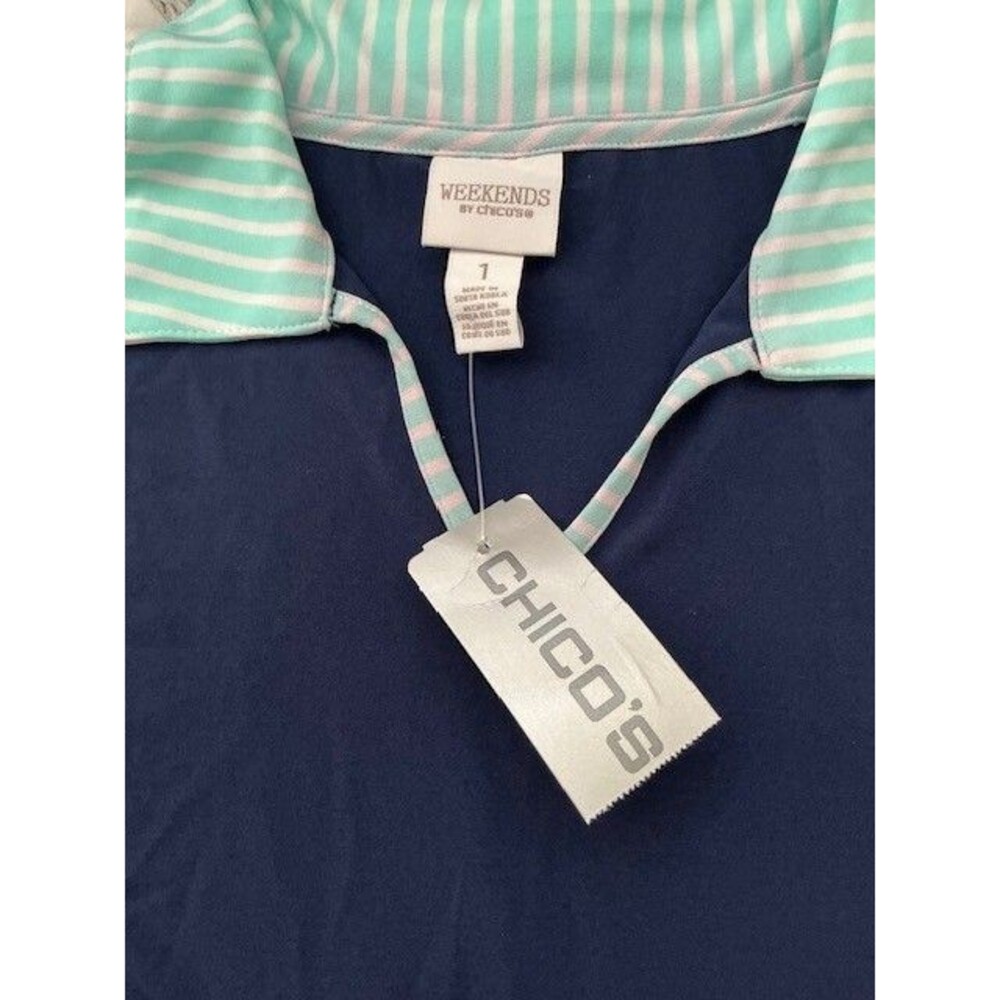 Chico's Weekend's Blue Notch Neck Polo with Contrast Collar Sz 1 NWT - Picture 2 of 4